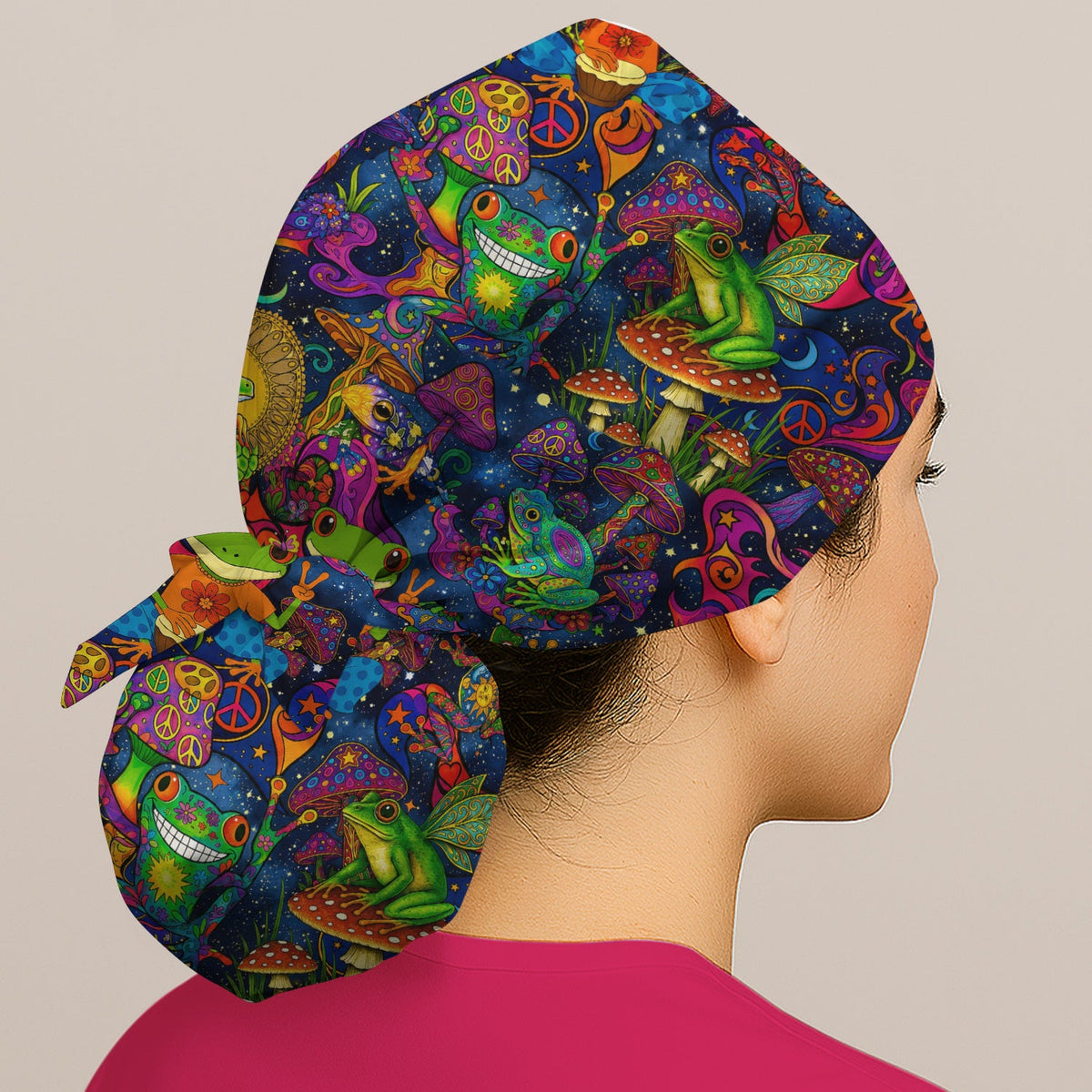 Psychedelic Frog Mushroom Peace Scrub Cap