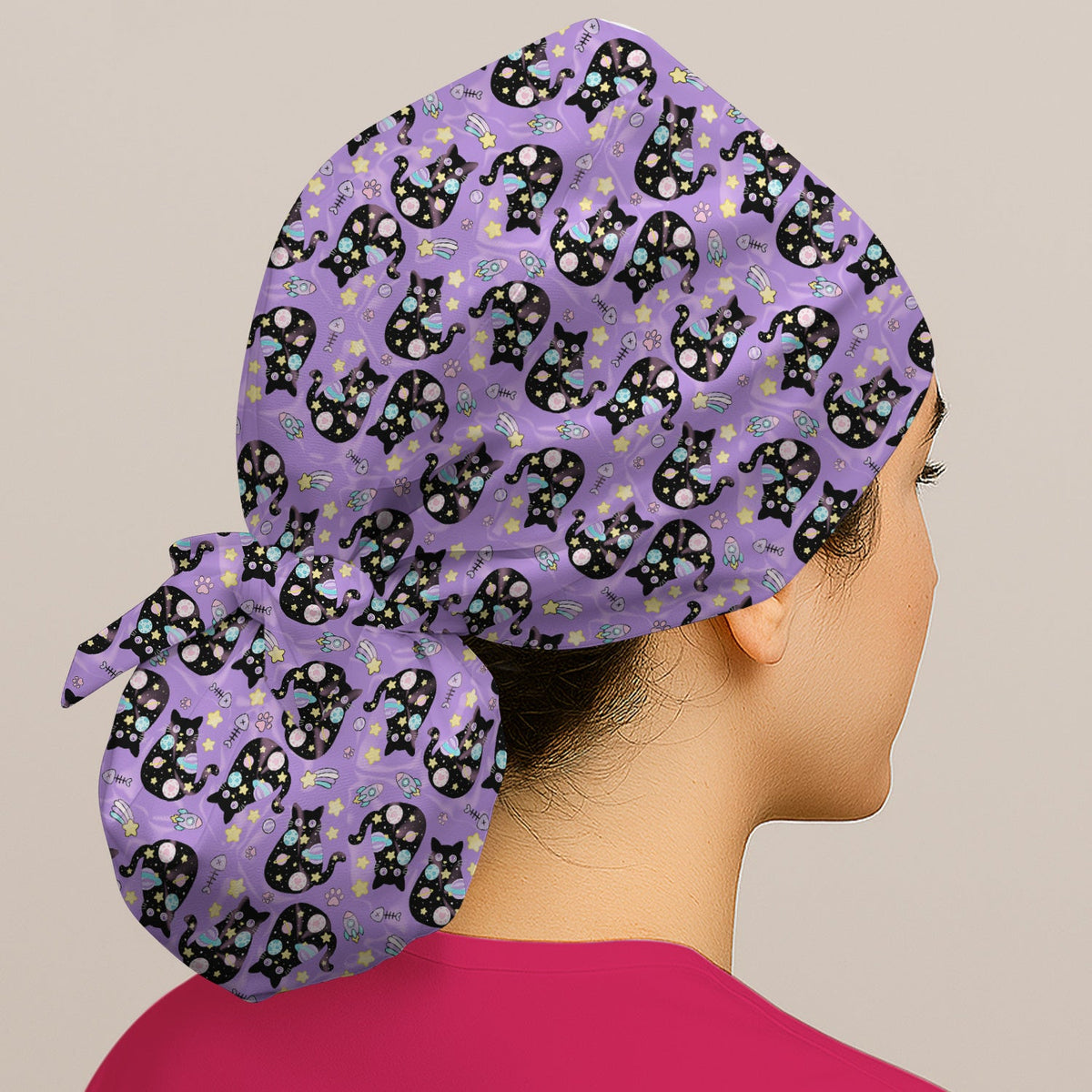 Galaxy Black Cat Space Scrub Cap