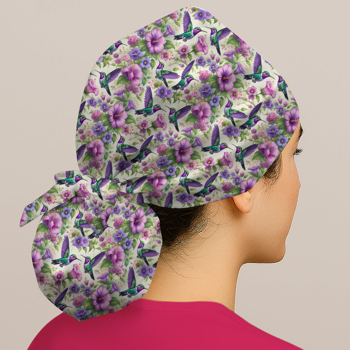Purple Hummingbird Hibiscus Floral Scrub Cap