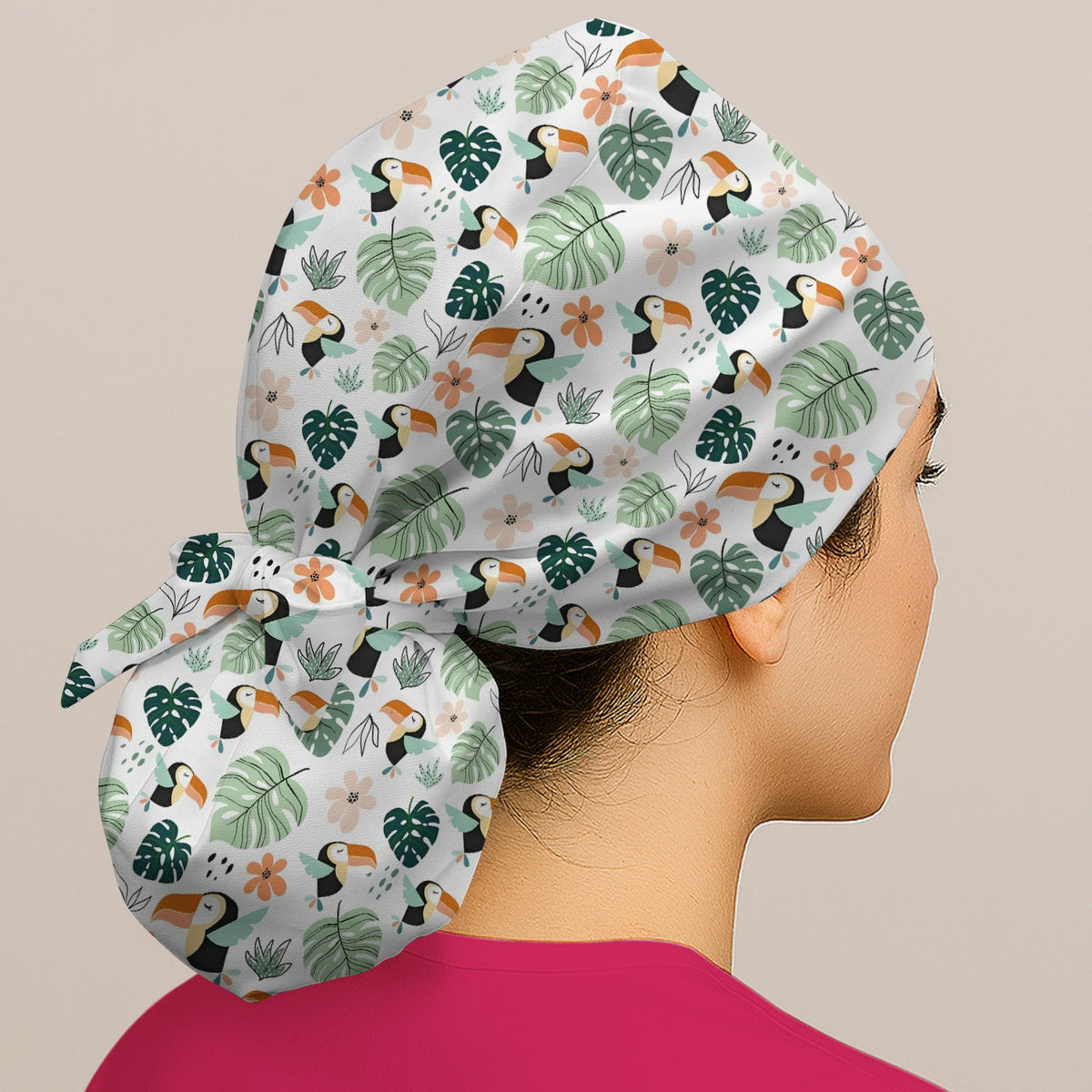 Tropical Toucan Leaf Floral Scrub Cap