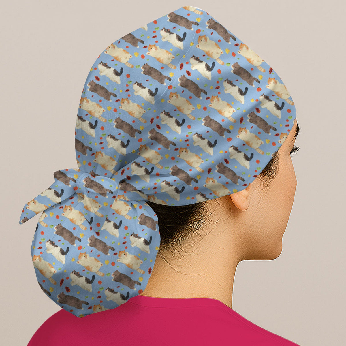 Chubby Cat Autumn Leaves Scrub Cap