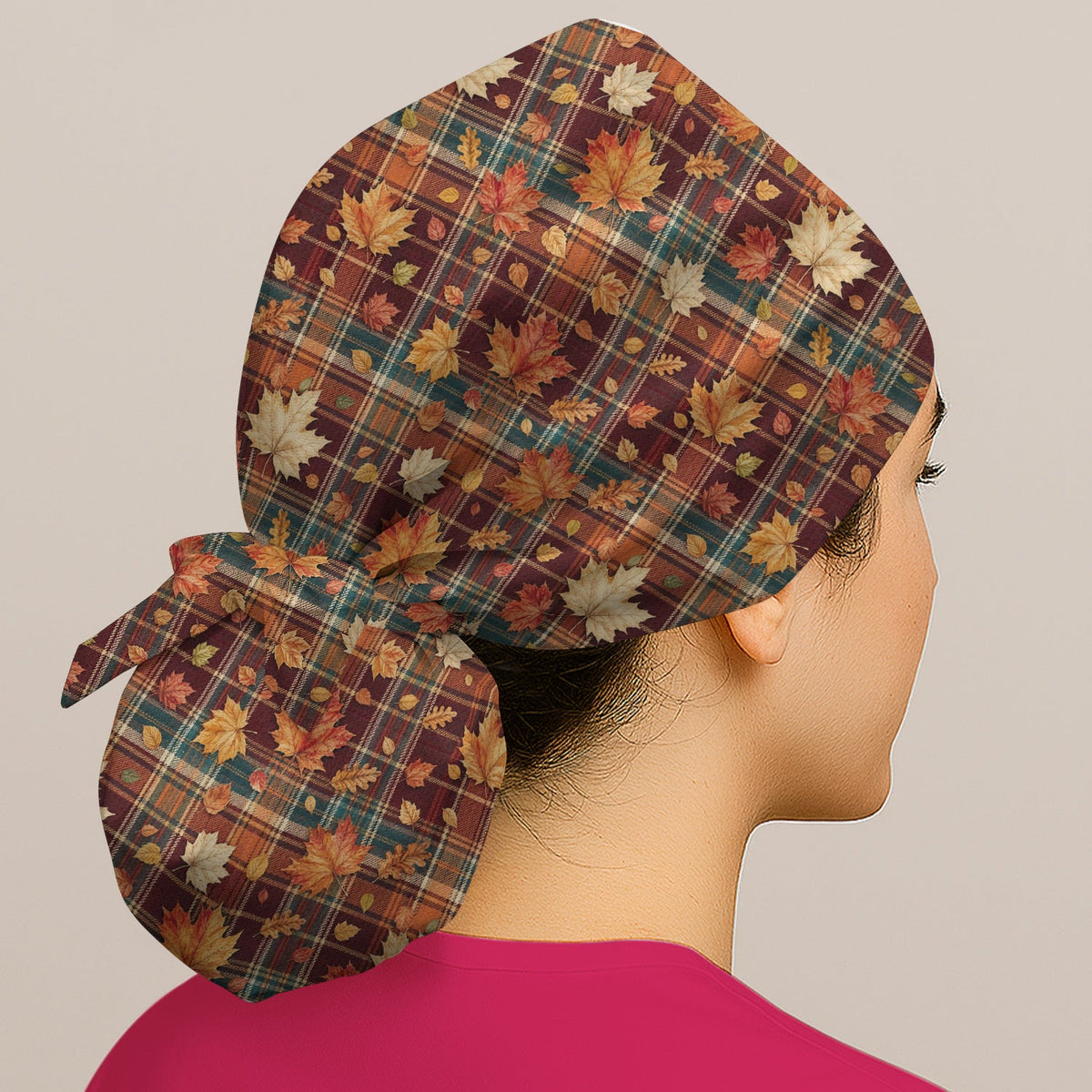 Autumn Plaid Maple Leaves Scrub Cap