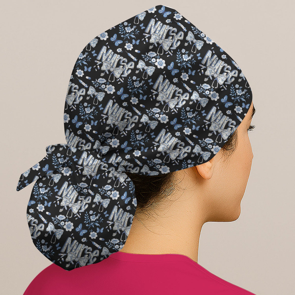 Blue Nurse Bow Butterfly Floral Scrub Cap