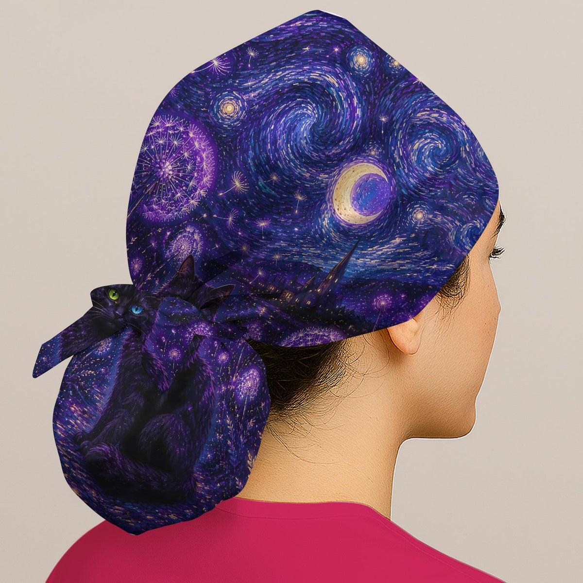 Mystical Black Cat Starry Night Scrub Cap