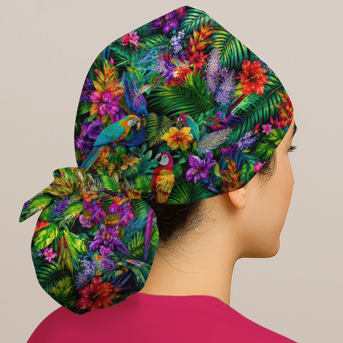 Tropical Parrot Jungle Blossom Scrub Cap