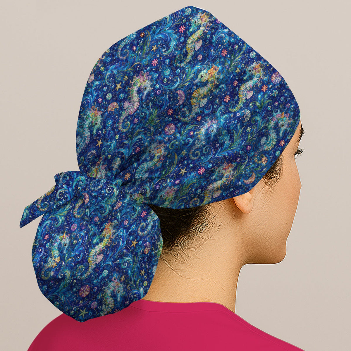 Vibrant Seahorse Ocean Swirl Scrub Cap