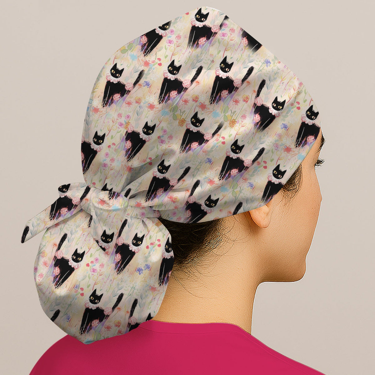 Black Cat Floral Garden Scrub Cap