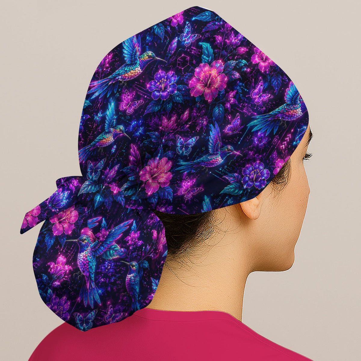 Neon Hummingbird Butterfly Bloom Scrub Cap