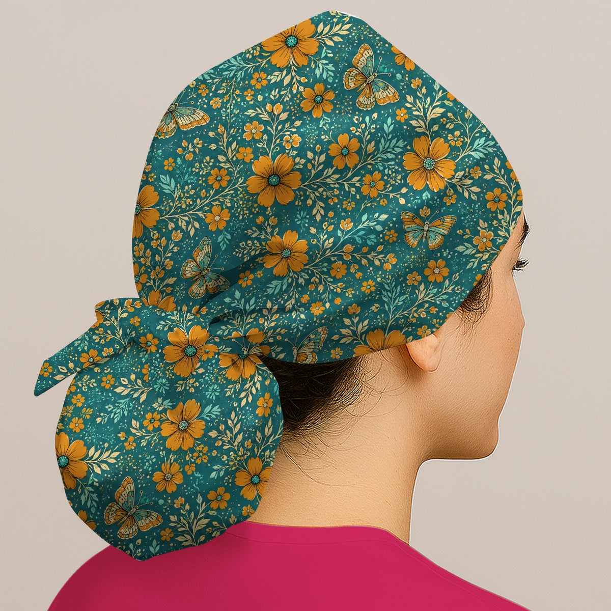 Orange Floral Butterfly Vine Nurse Scrub Cap