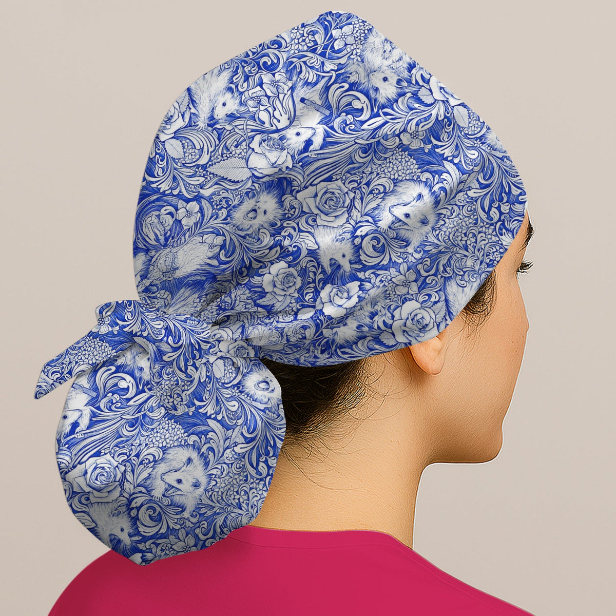Blue Floral Opossum And Roses Scrub Cap