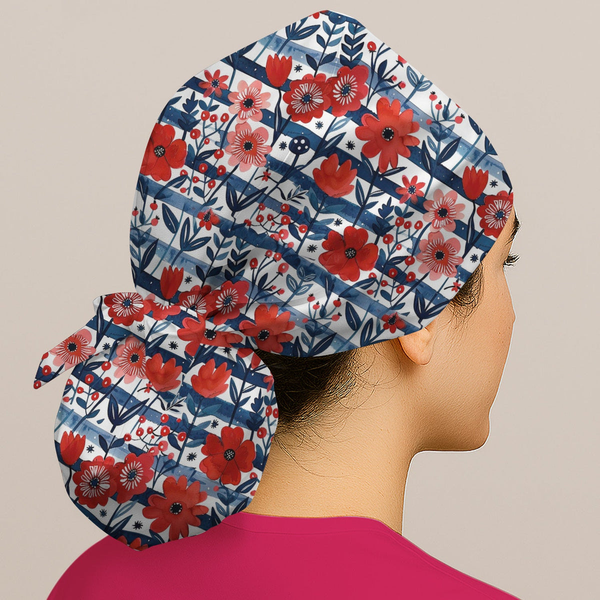 Red Poppy Navy Stripe Scrub Cap