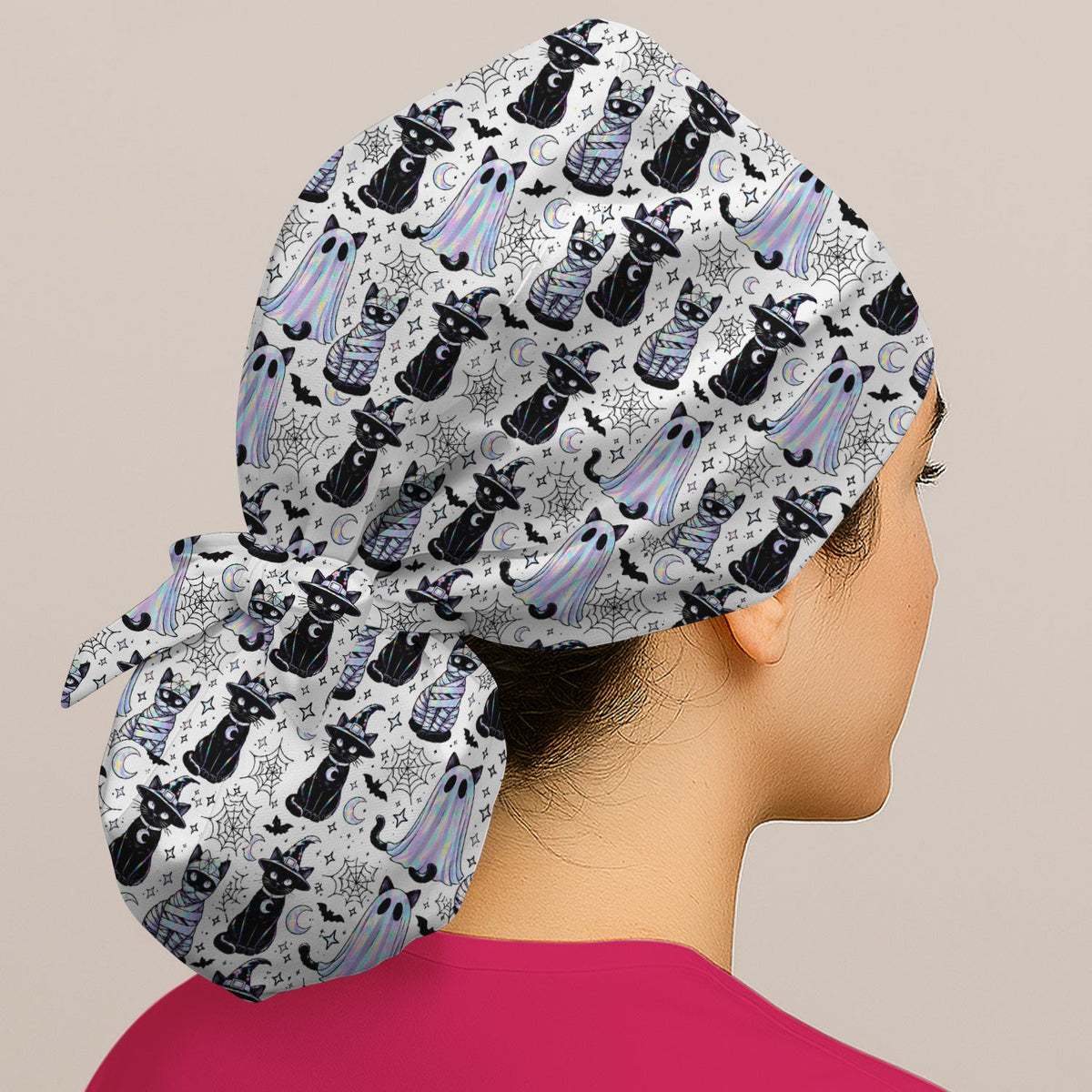 Ghost Witch Cat Scrub Cap - Halloween Gift For Nurse