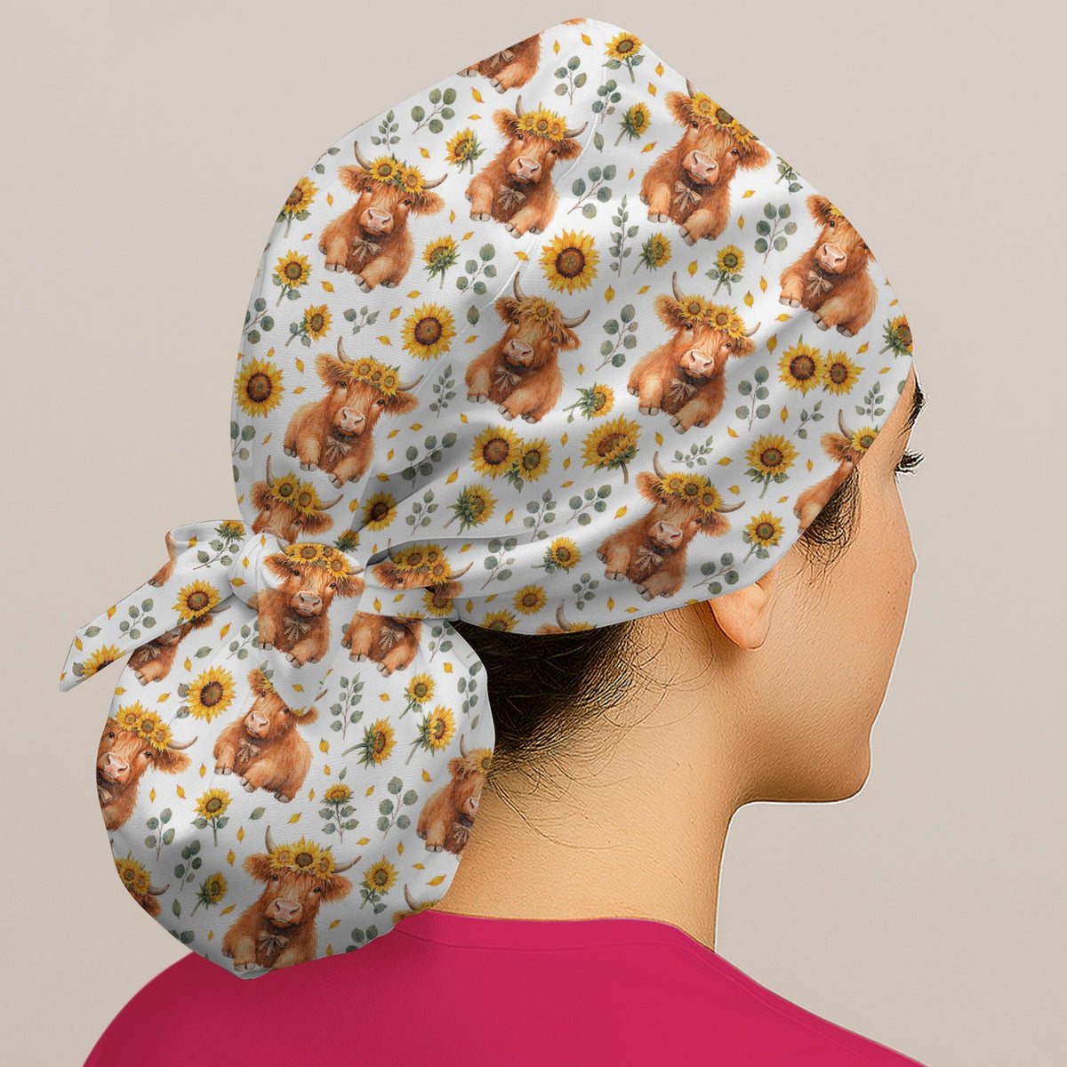 Rustic Highland Cow Floral Scrub Cap