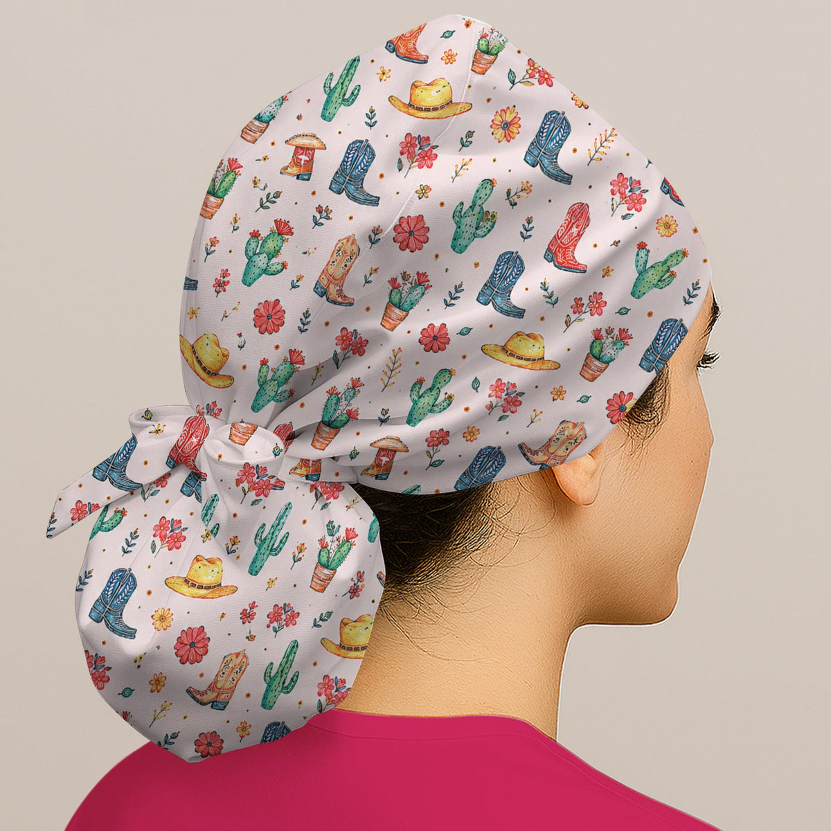Whimsical Western Cactus Boots Scrub Cap