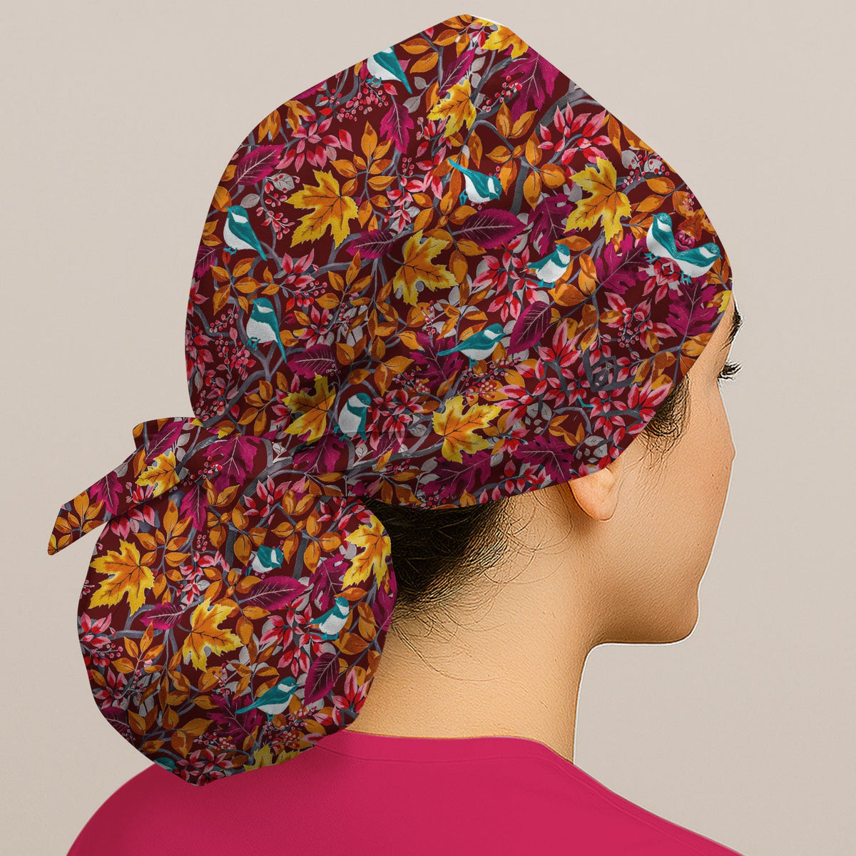 Autumn Leaves Blue Bird Scrub Cap