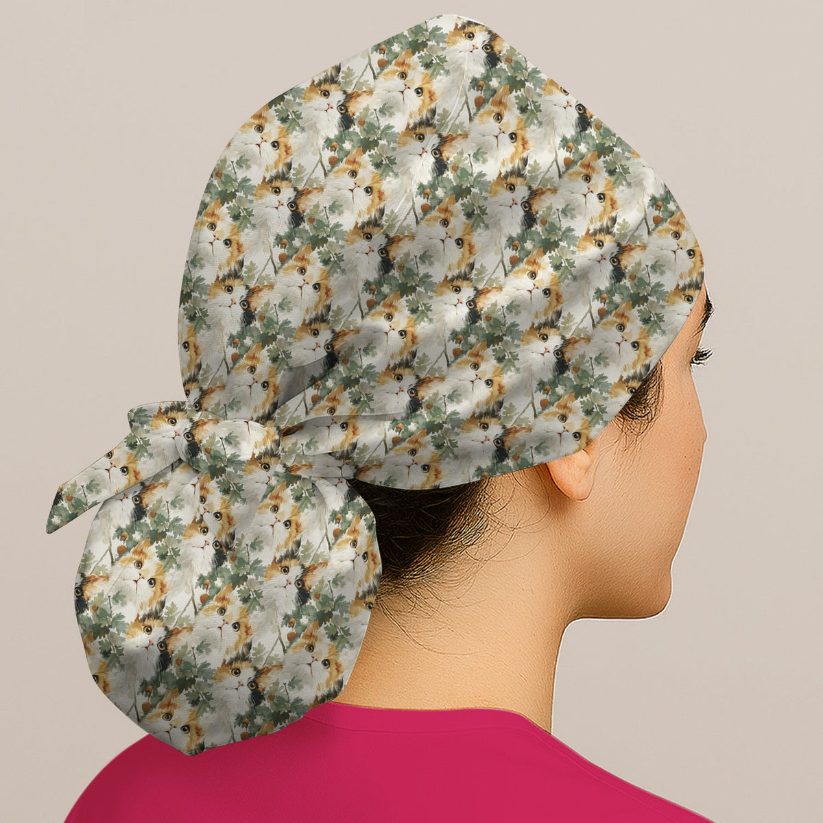 Fluffy Calico Cat Oak Leaves Scrub Cap