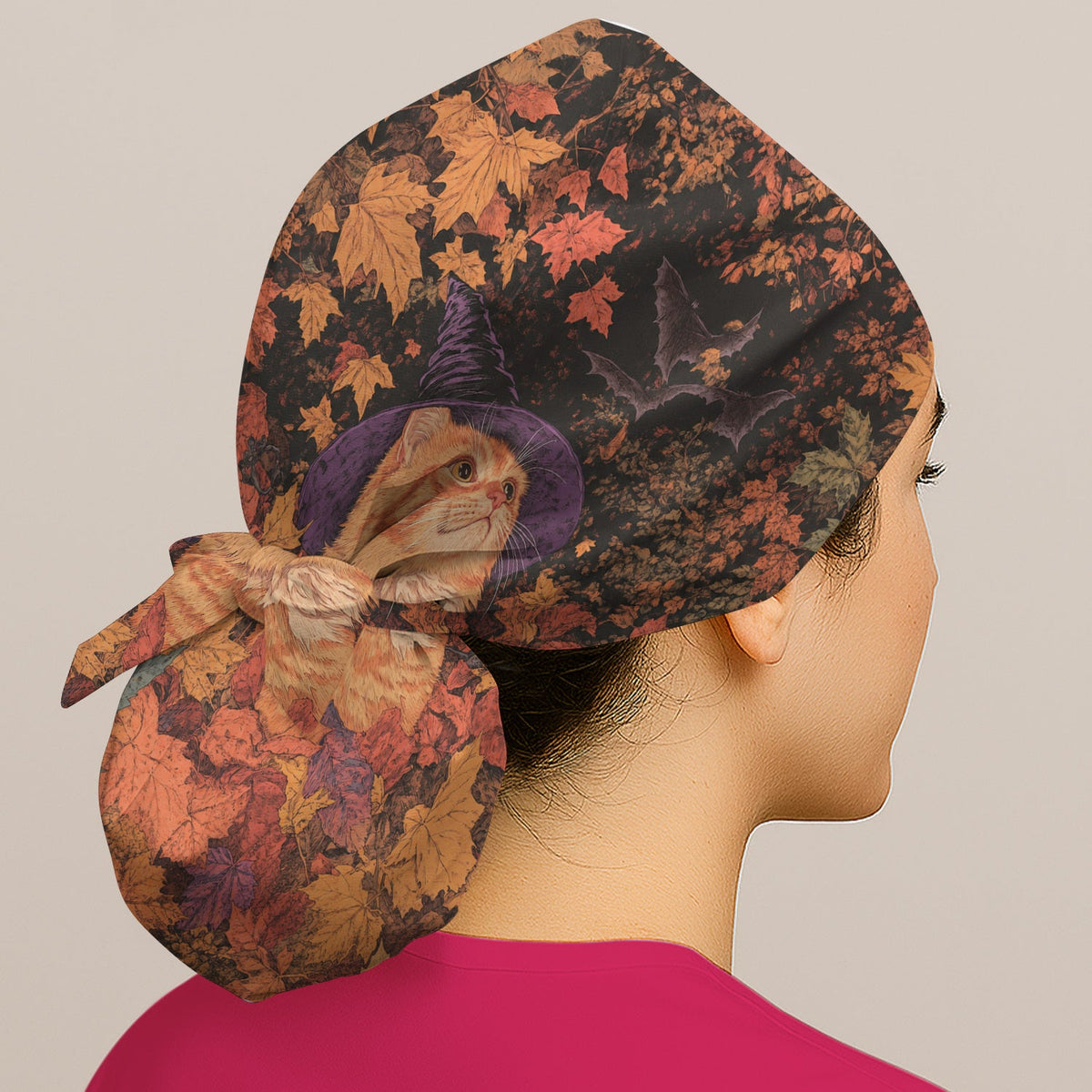 Autumn Cat Fall Leaves Scrub Cap