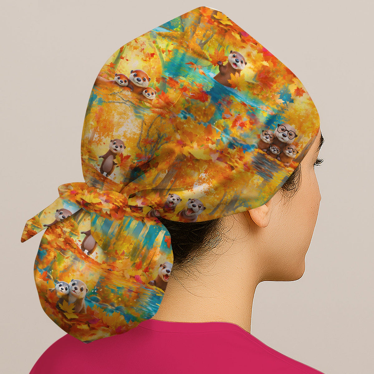 Cute Autumn Otter Leaf Forest Scrub Cap