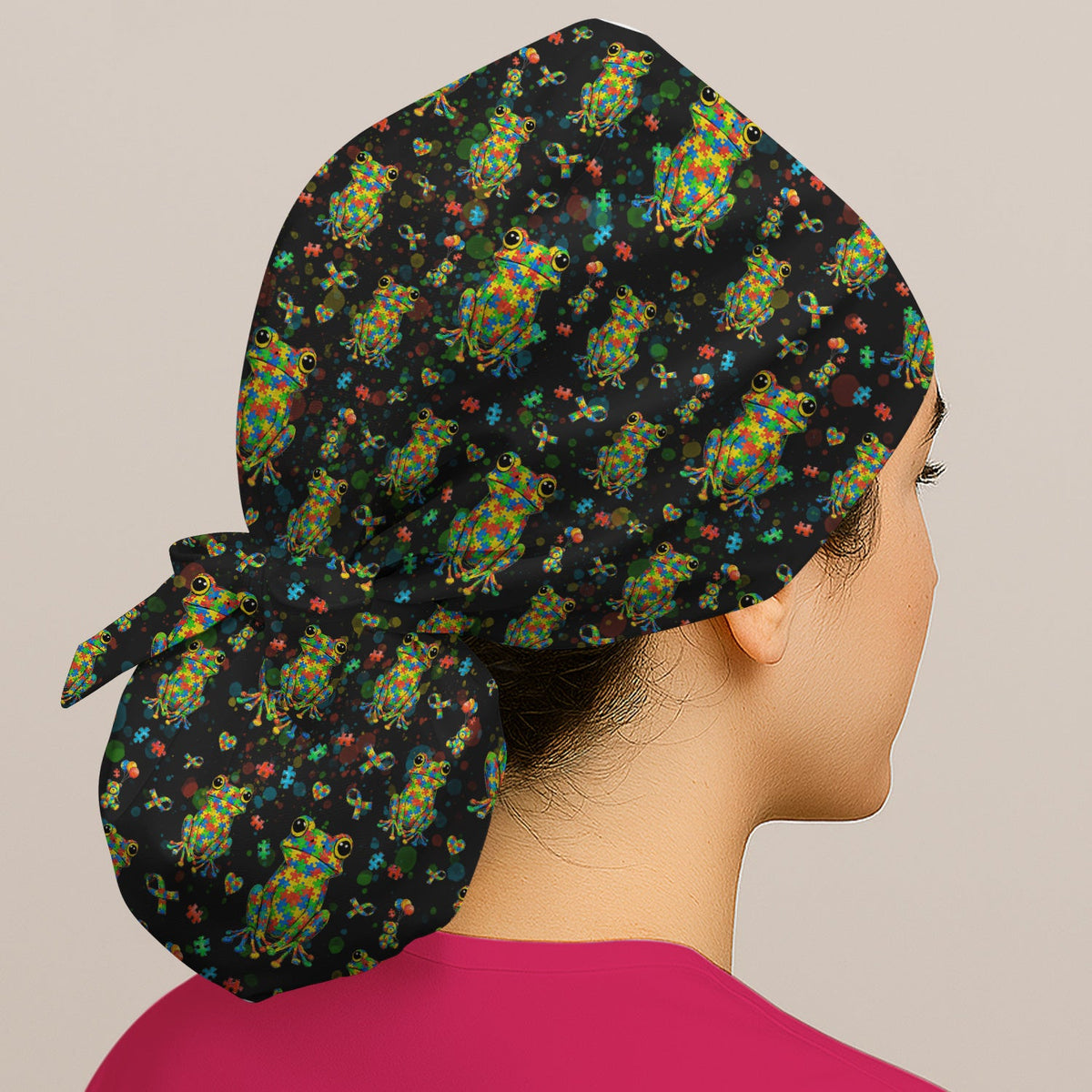 Colorful Autism Puzzle Frog Scrub Cap