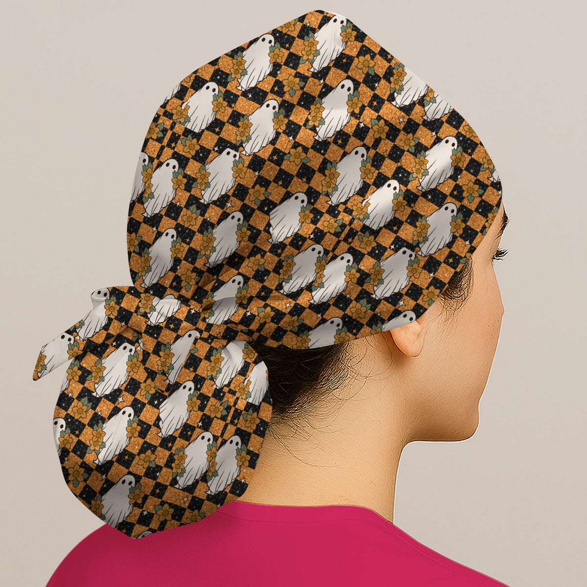 Spooky Ghost Checkerboard Scrub Cap