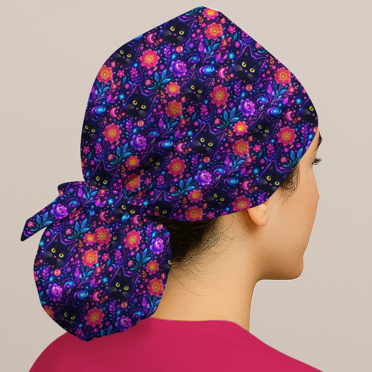 Galaxy Black Cat Floral Scrub Cap