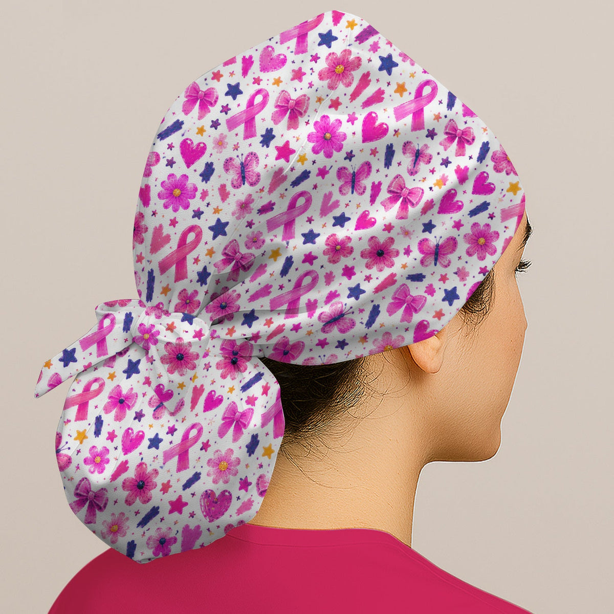 Pink Ribbon Floral Scrub Cap