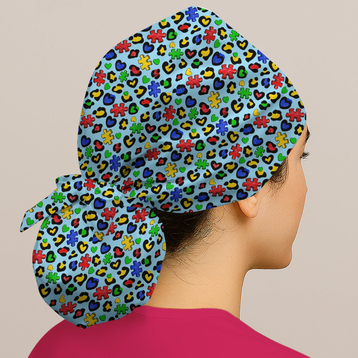 Colorful Puzzle Heart Scrub Cap