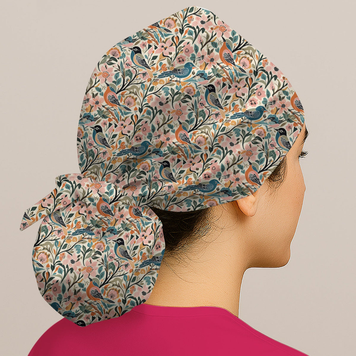 Folk Art Songbird Floral Scrub Cap