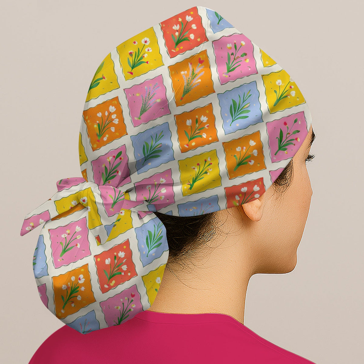 Colorful Floral Tile Scrub Cap
