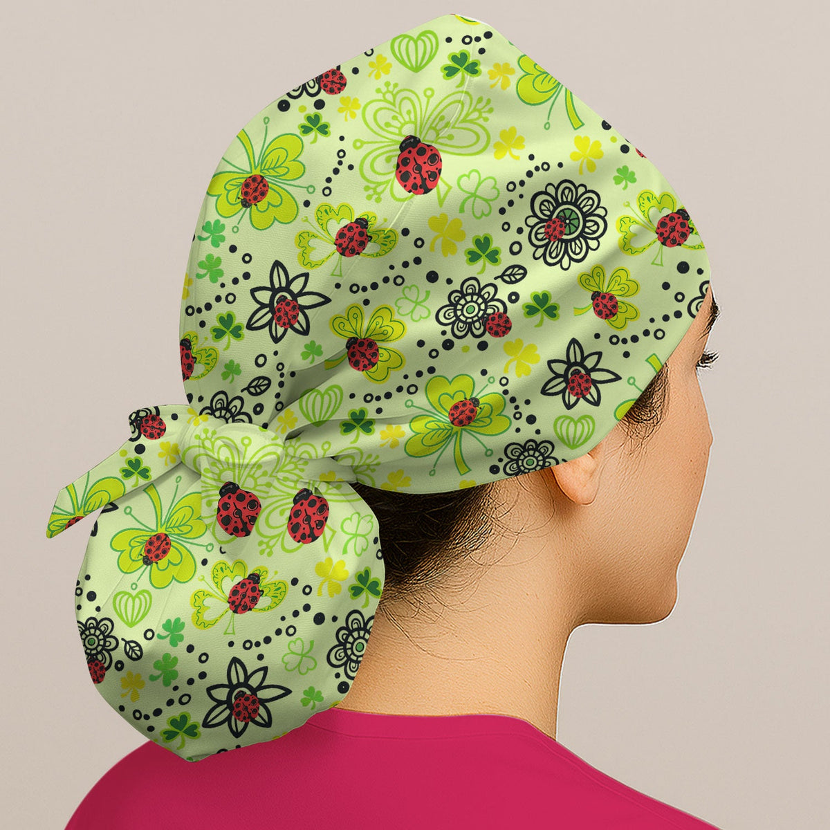 Ladybug Clover Floral Scrub Cap