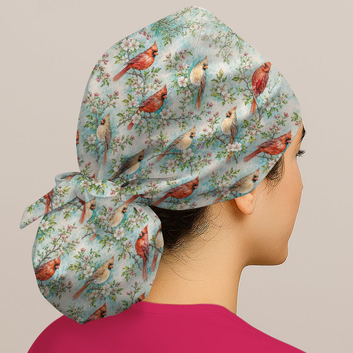 Cardinal Blossom Branch Scrub Cap