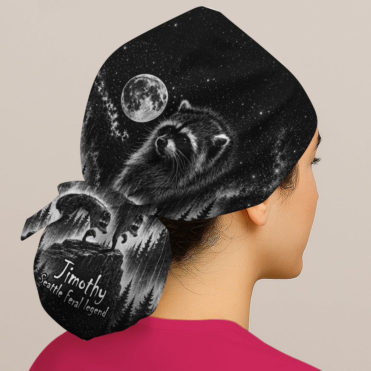 Moonlit Raccoon Forest Scrub Cap