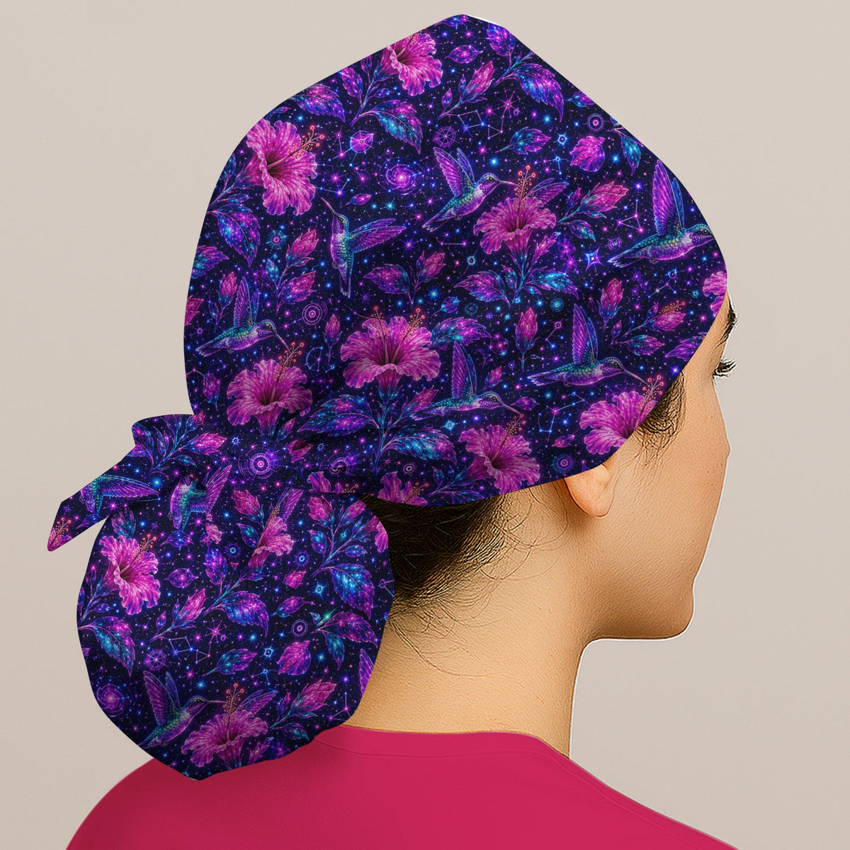 Galaxy Floral Hummingbird Scrub Cap