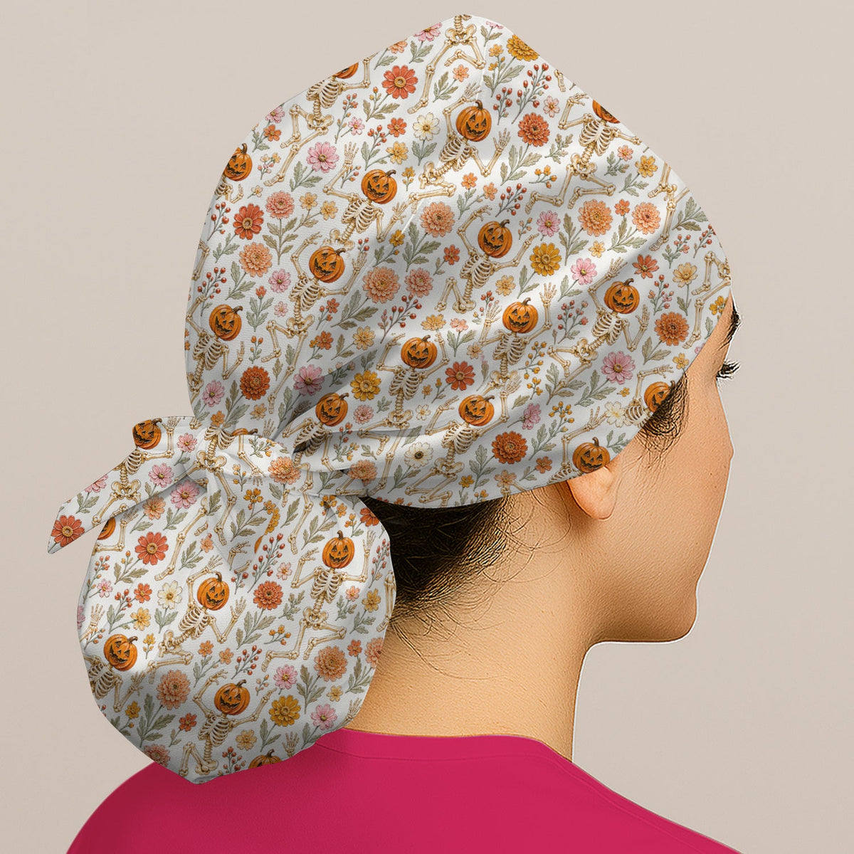 Pumpkin Skeleton Floral Scrub Cap - Halloween Gift For Nurse