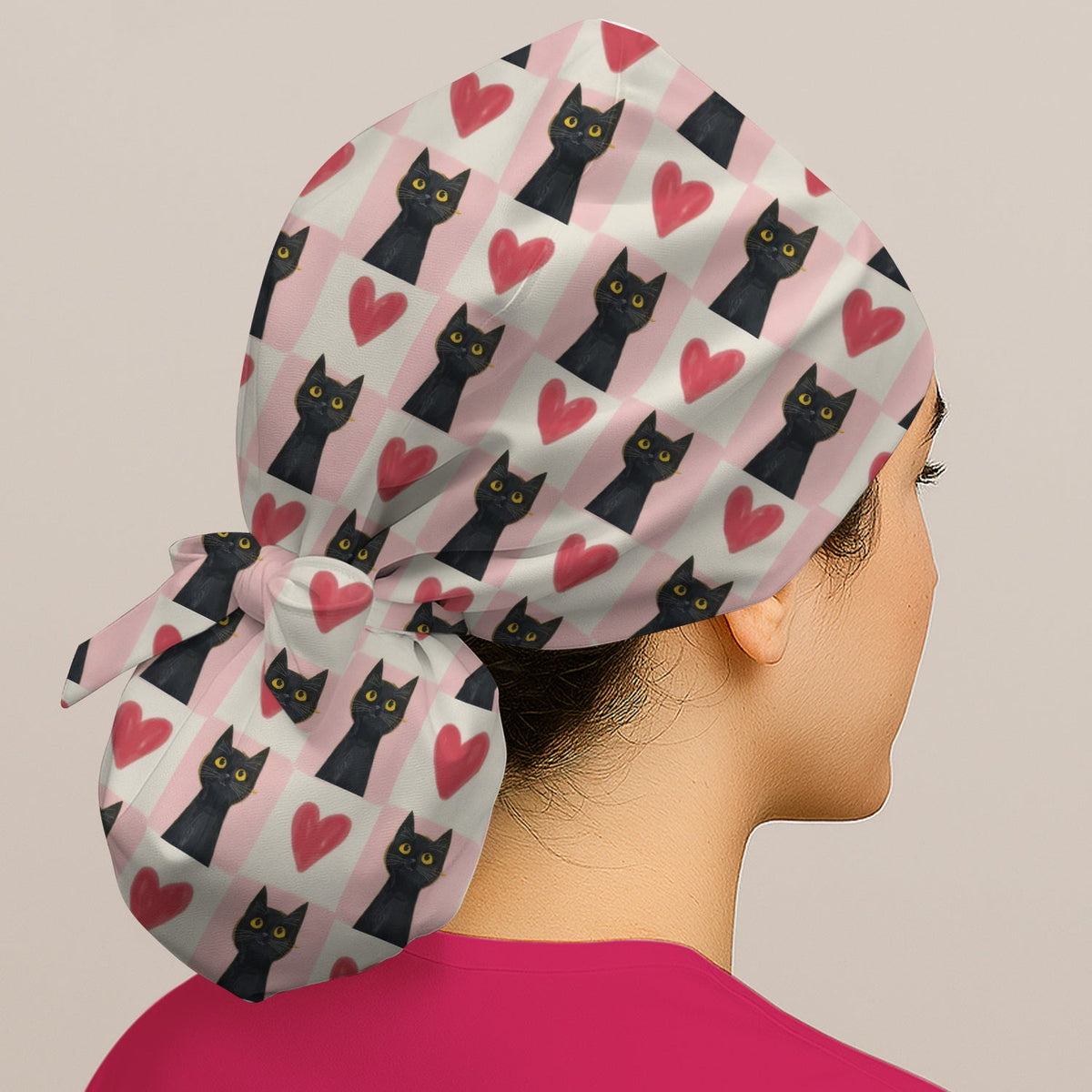 Cute Black Cat Heart Scrub Cap