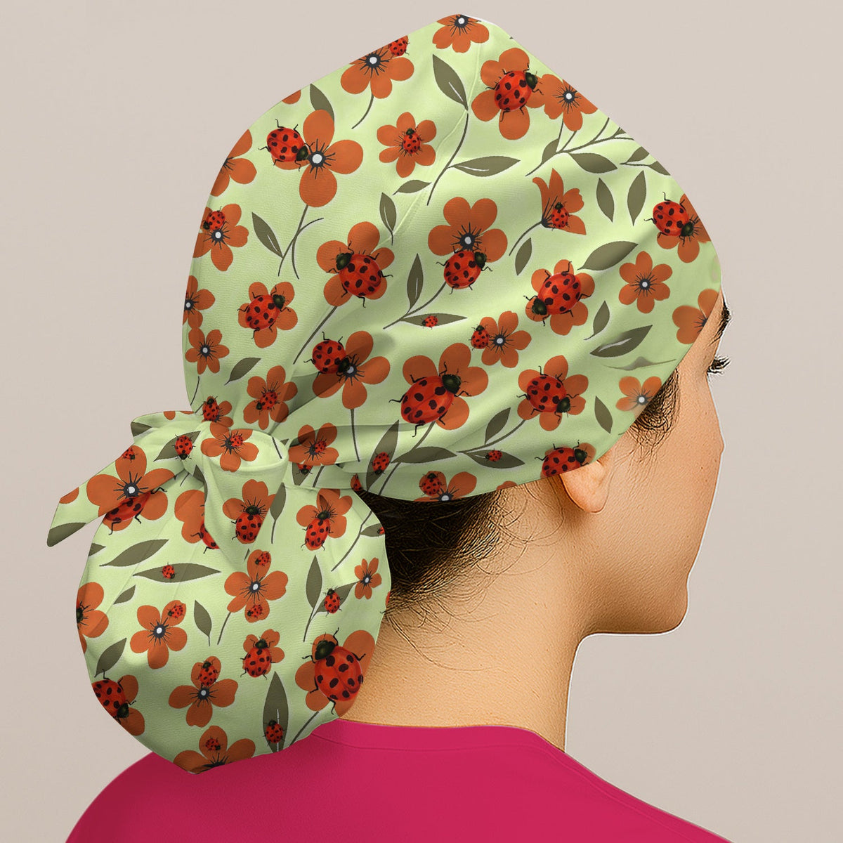 Ladybug Orange Floral Garden Scrub Cap