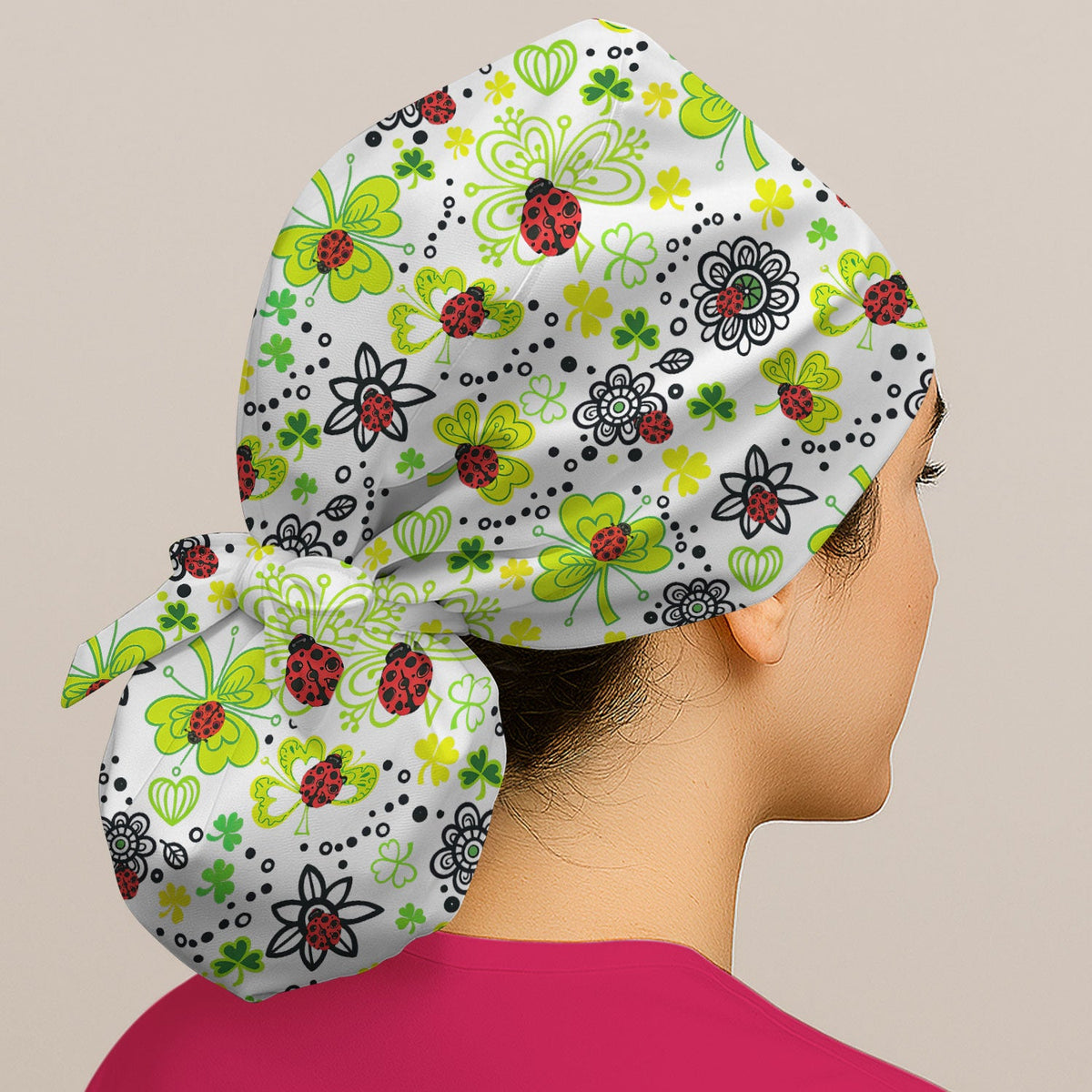 Ladybug Clover Floral Scrub Cap