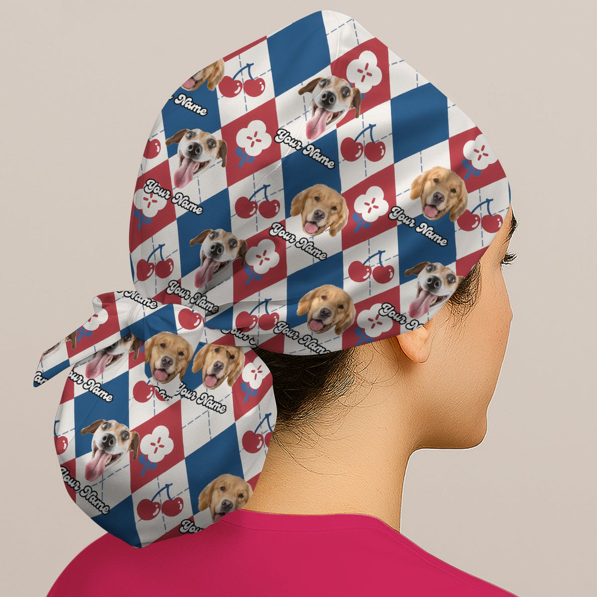 Dog Face Cherry Argyle Scrub Cap