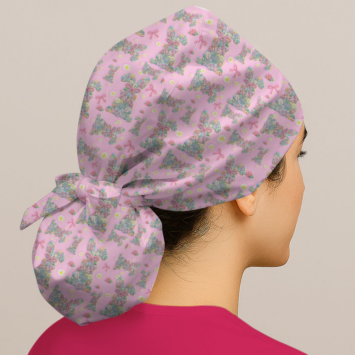 Colorful Floral Bunny Pink Bow Scrub Cap