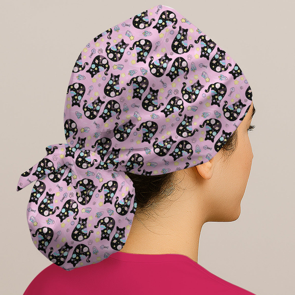 Galaxy Black Cat Space Scrub Cap