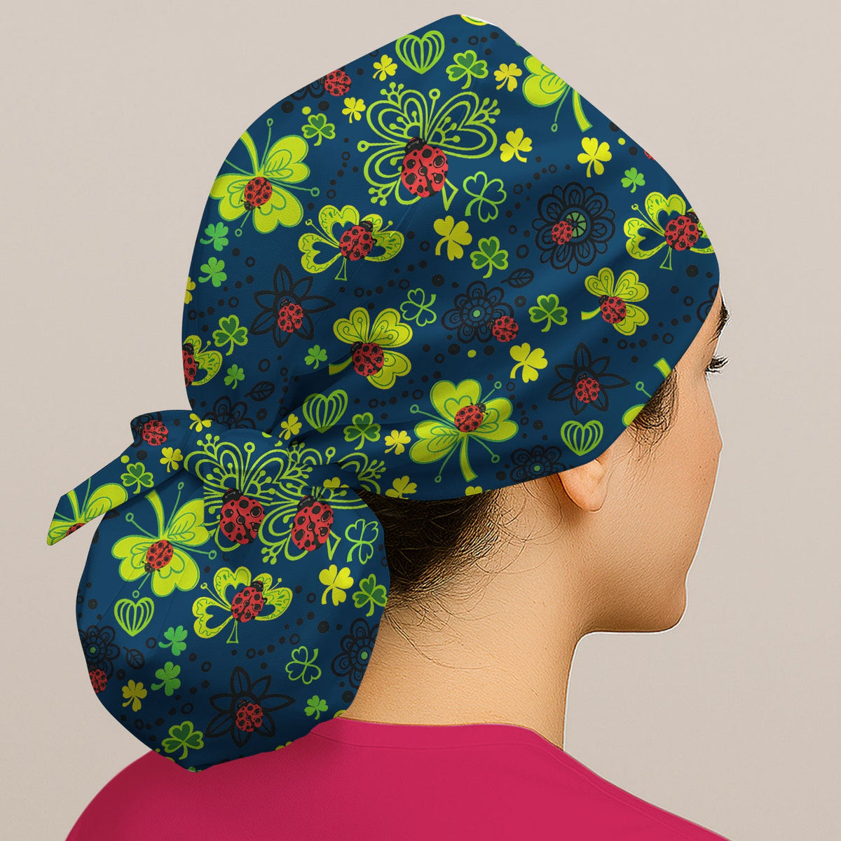 Ladybug Clover Floral Scrub Cap