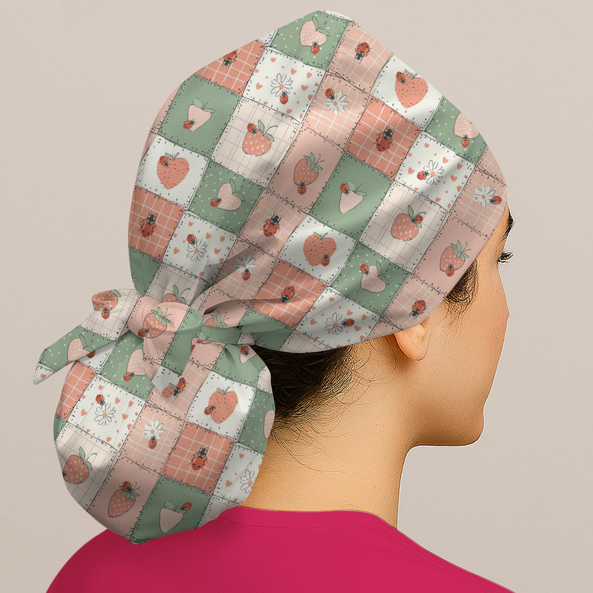 Strawberry Ladybug Patchwork Scrub Cap
