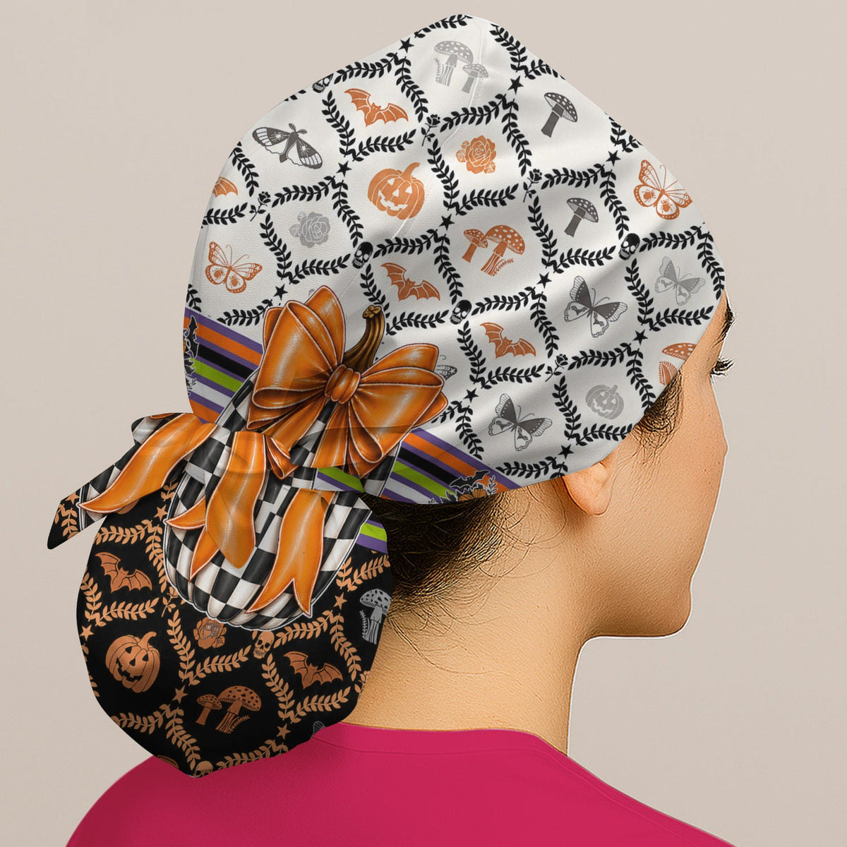 Checkered Pumpkin Bow Scrub Cap - Halloween Gift For Nurse