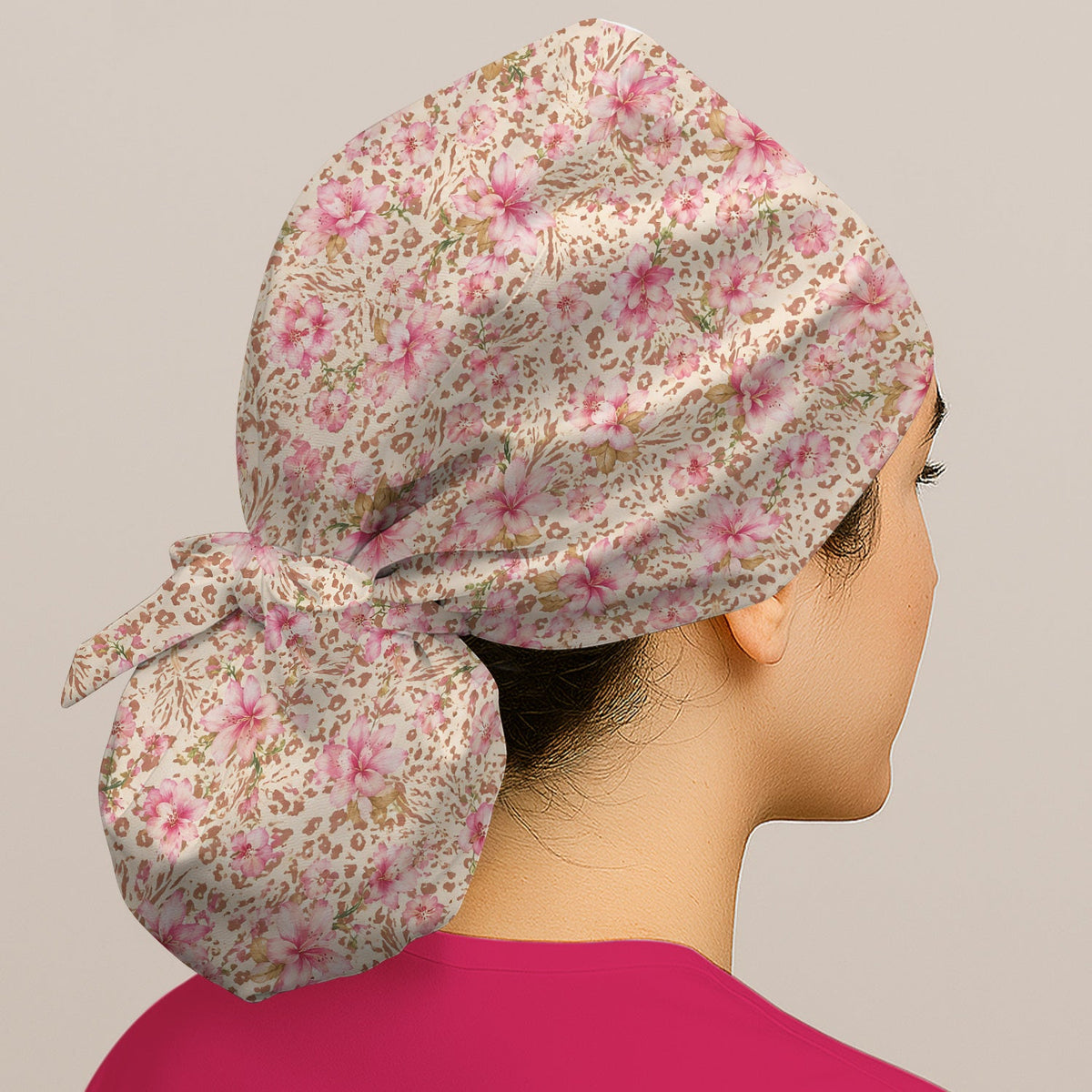 Pink Floral Leopard Scrub Cap