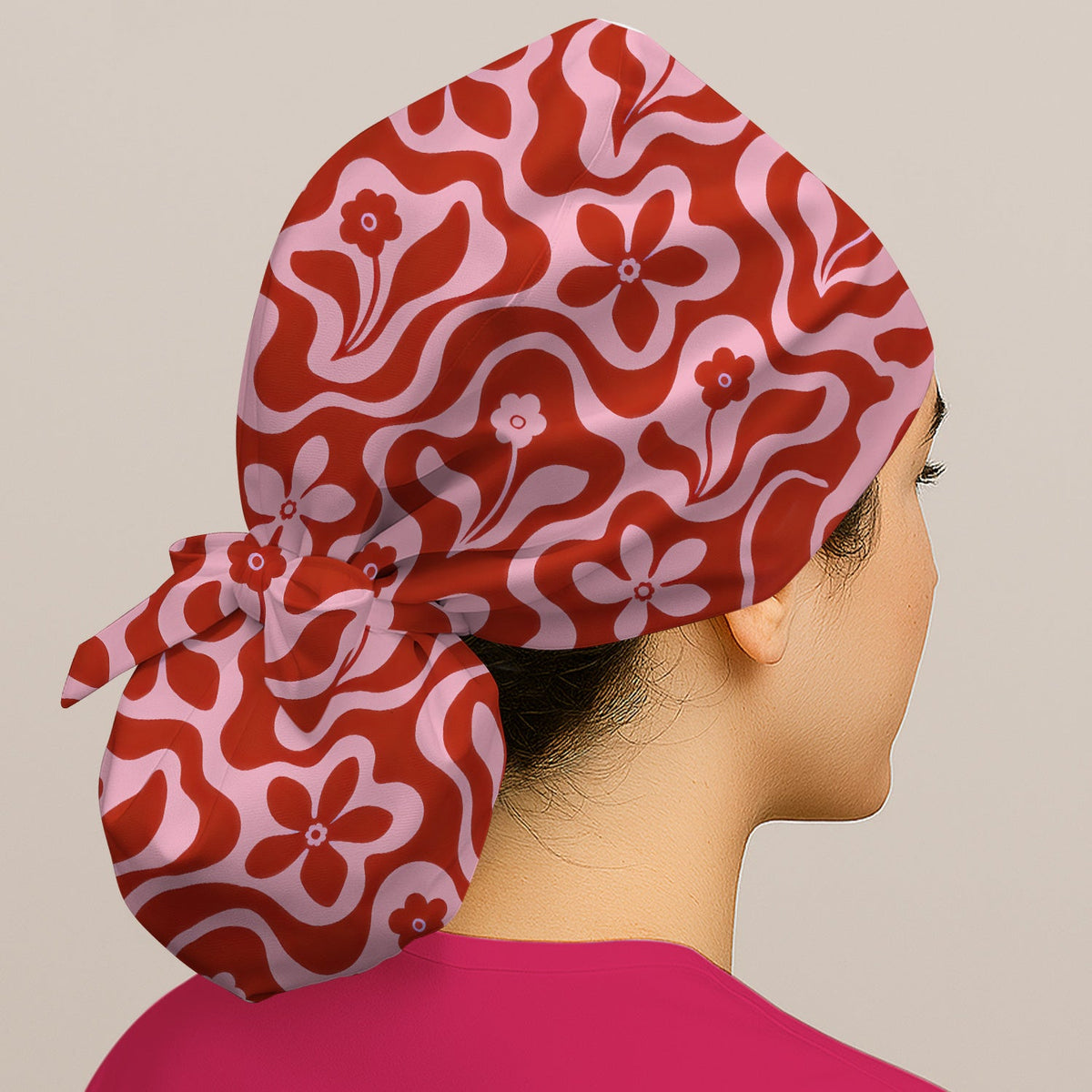 Retro Pink Floral Groovy Scrub Cap