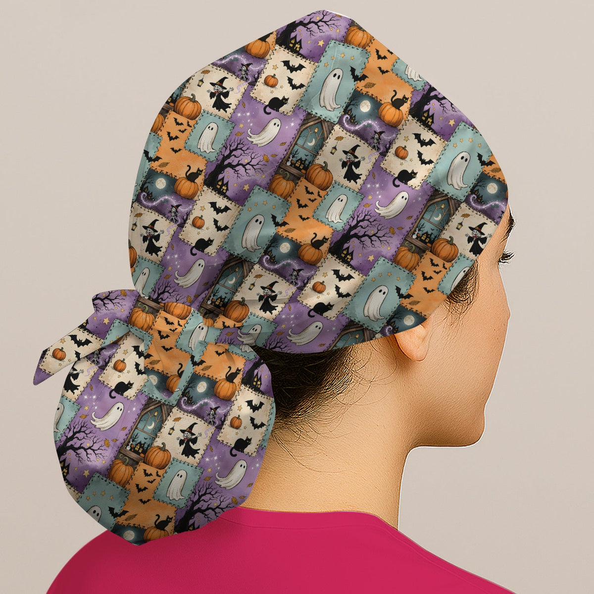 Spooky Ghost Black Cat Patchwork Scrub Cap
