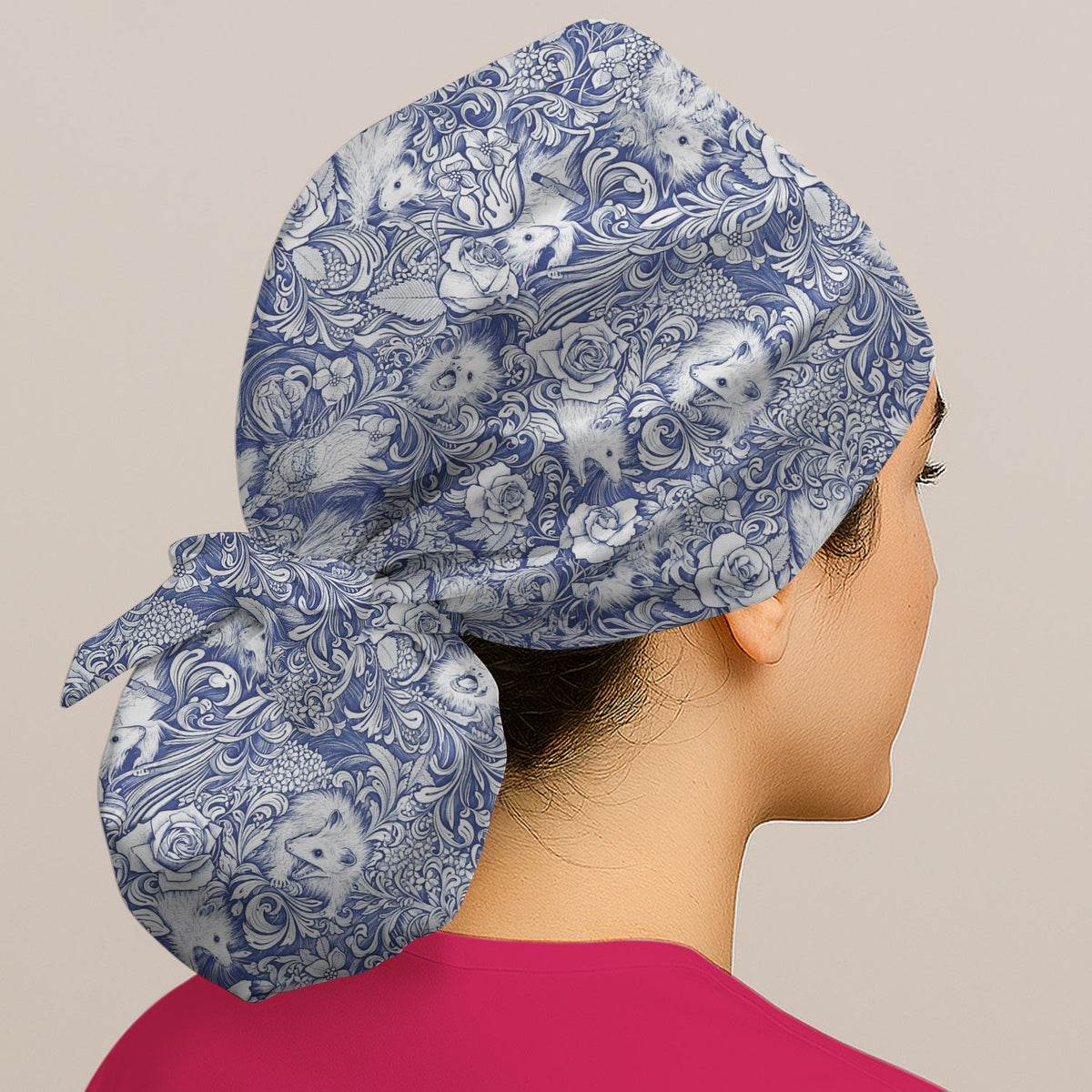 Blue Floral Opossum And Roses Scrub Cap