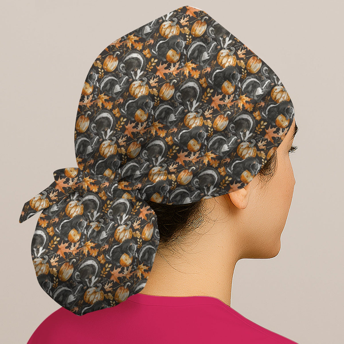 Skunk Pumpkin Autumn Leaves Scrub Cap