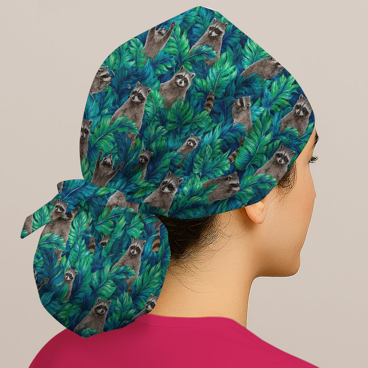 Tropical Raccoon Jungle Leaves Scrub Cap