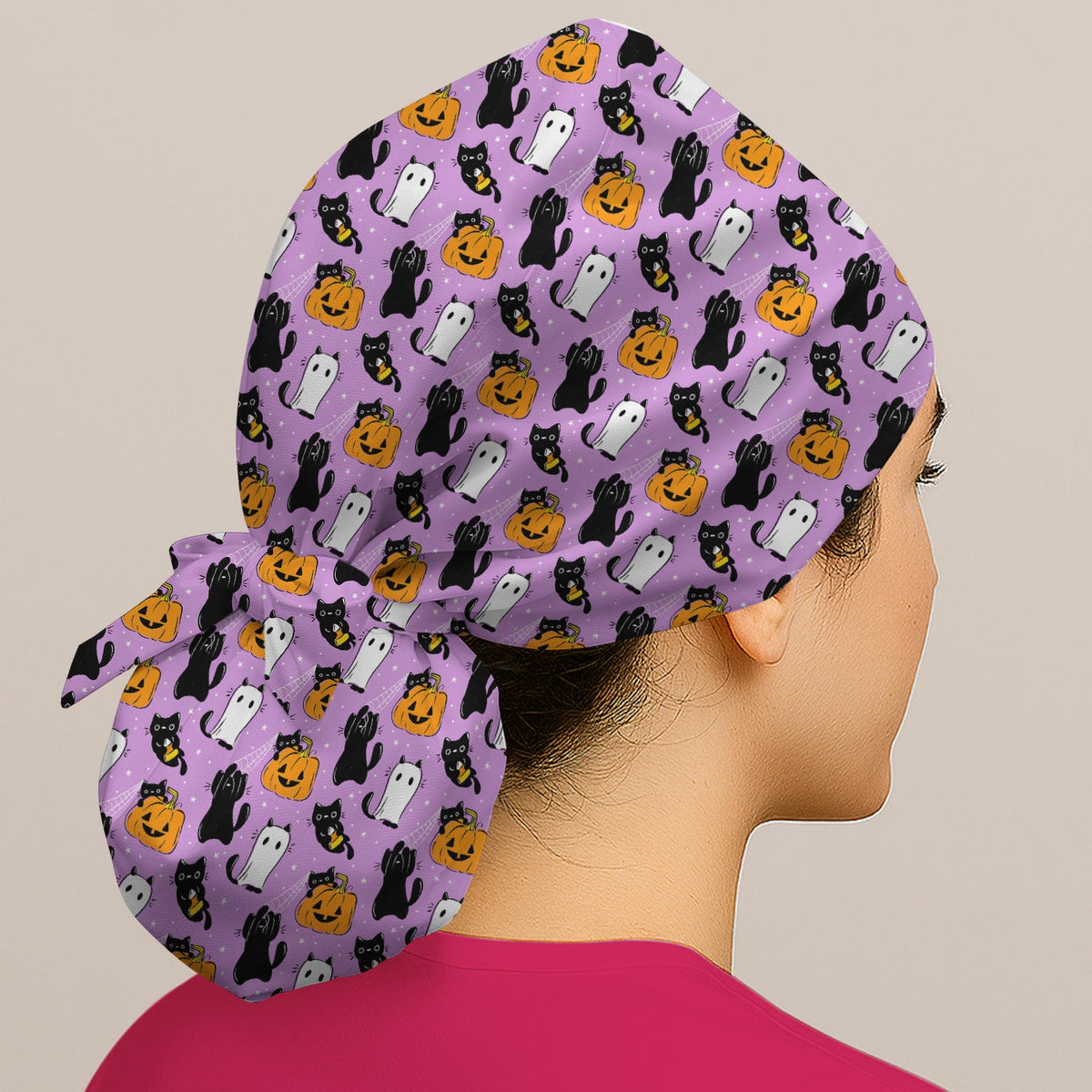 Purple Halloween Black Cat Scrub Cap
